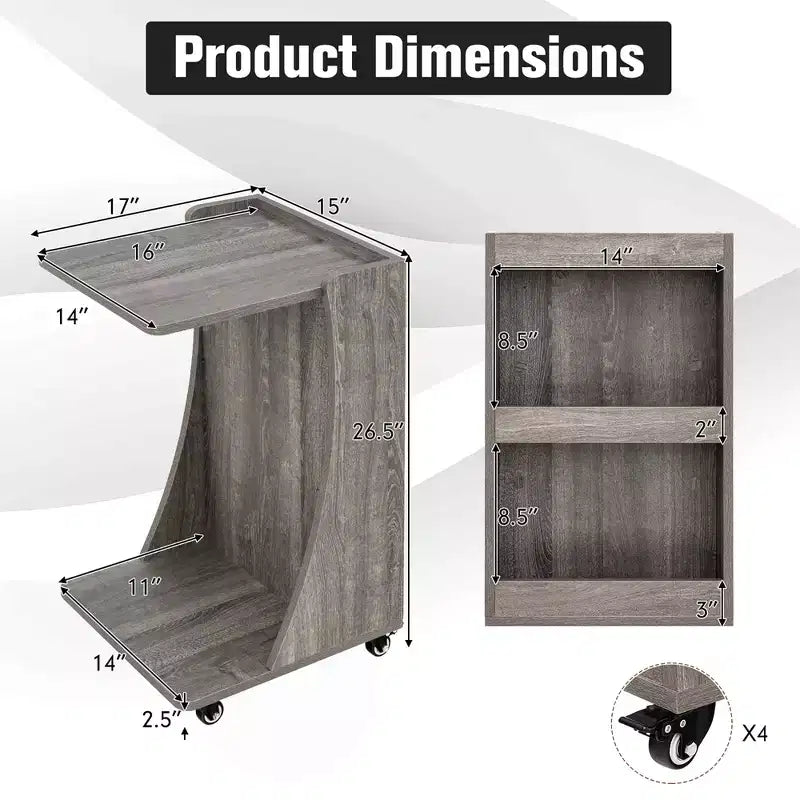 Costway Tavolino Laterale con Ruote, Tavolino C-shaped Mobile con 2 Ripiani Aperti e 2 Vani Contenitori Posteriori Marrone/Grigio 13