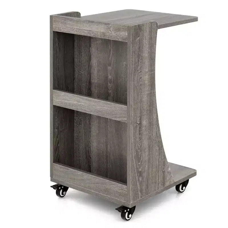 Costway Tavolino Laterale con Ruote, Tavolino C-shaped Mobile con 2 Ripiani Aperti e 2 Vani Contenitori Posteriori Marrone/Grigio 14