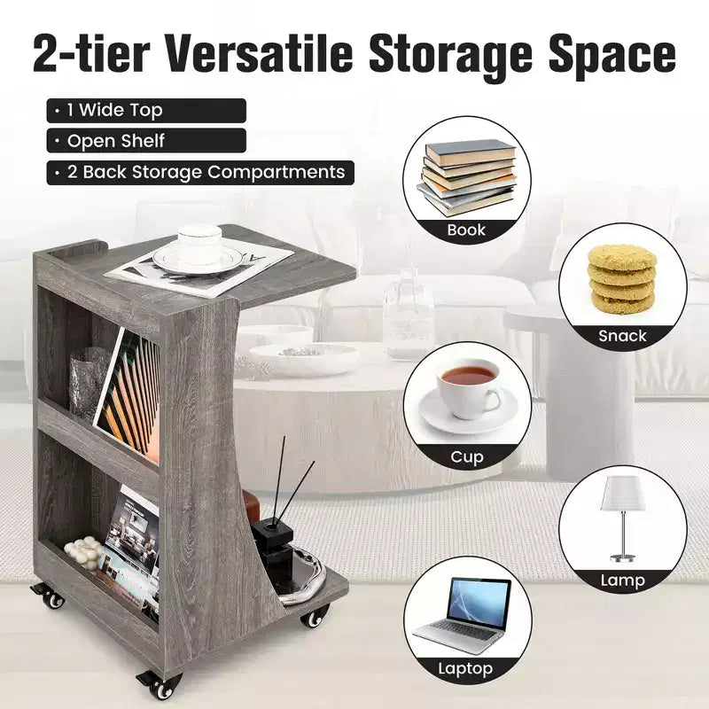 Costway Tavolino Laterale con Ruote, Tavolino C-shaped Mobile con 2 Ripiani Aperti e 2 Vani Contenitori Posteriori Marrone/Grigio 16