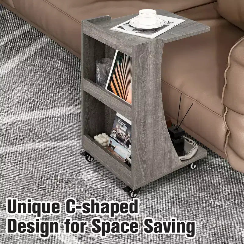 Costway Tavolino Laterale con Ruote, Tavolino C-shaped Mobile con 2 Ripiani Aperti e 2 Vani Contenitori Posteriori Marrone/Grigio 17