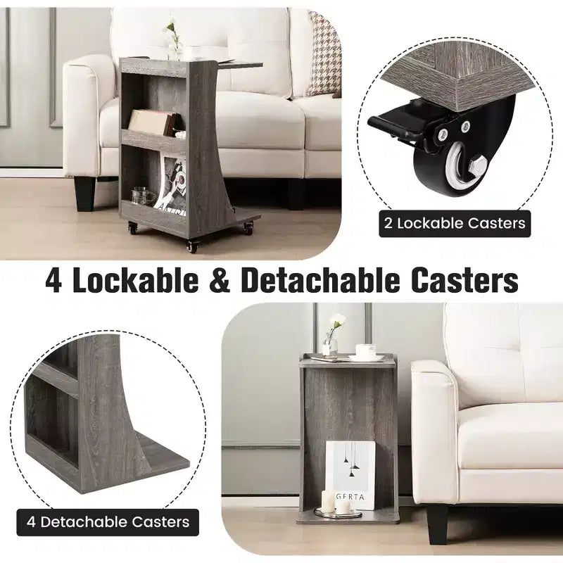 Costway Tavolino Laterale con Ruote, Tavolino C-shaped Mobile con 2 Ripiani Aperti e 2 Vani Contenitori Posteriori Marrone/Grigio 18