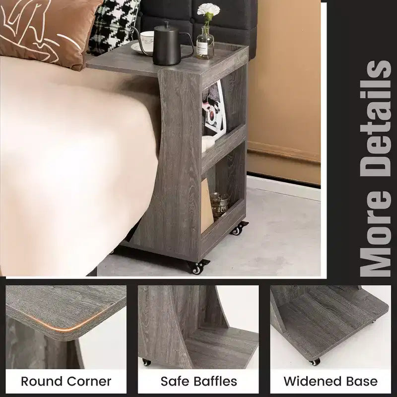 Costway Tavolino Laterale con Ruote, Tavolino C-shaped Mobile con 2 Ripiani Aperti e 2 Vani Contenitori Posteriori Marrone/Grigio 20