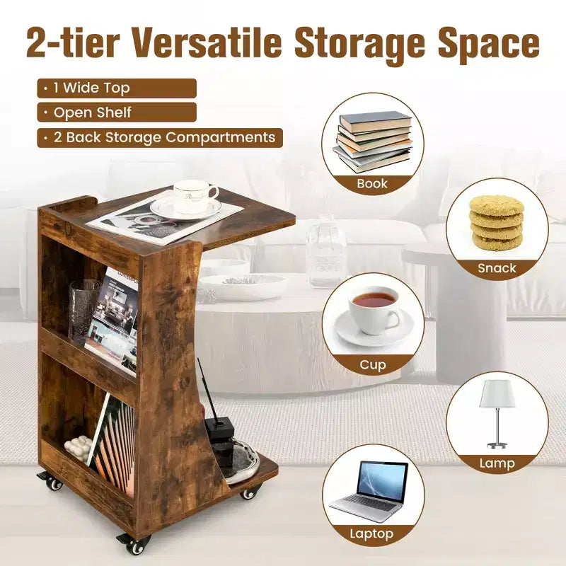 Costway Tavolino Laterale con Ruote, Tavolino C-shaped Mobile con 2 Ripiani Aperti e 2 Vani Contenitori Posteriori Marrone/Grigio 6