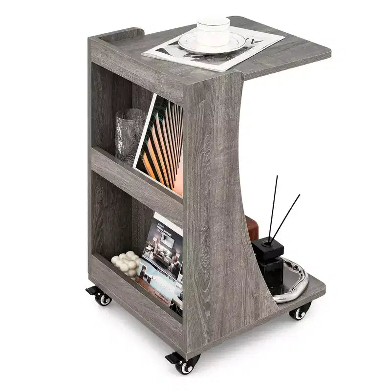 Costway Tavolino Laterale con Ruote, Tavolino C-shaped Mobile con 2 Ripiani Aperti e 2 Vani Contenitori Posteriori Marrone/Grigio 11