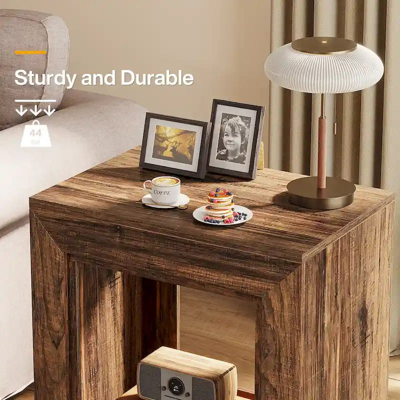 Tavolino in legno con contenitore, Comodini in noce per soggiorno, camera da letto 7