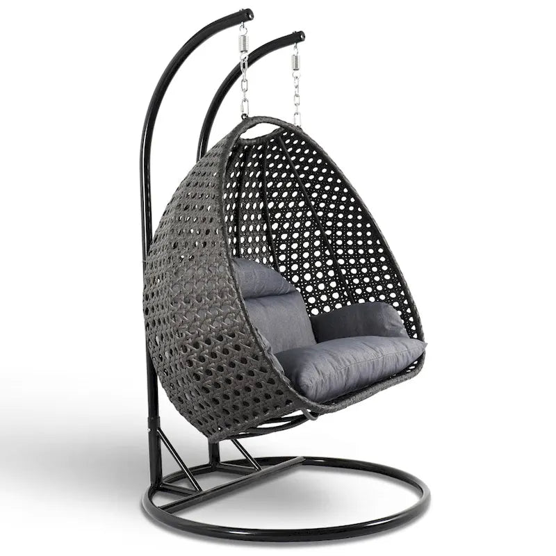 LeisureMod 2 Person Hanging Egg Chair with Stand - Outdoor/Indoor Rattan Wicker Patio Swing Hammock Lounger with Cushions 23