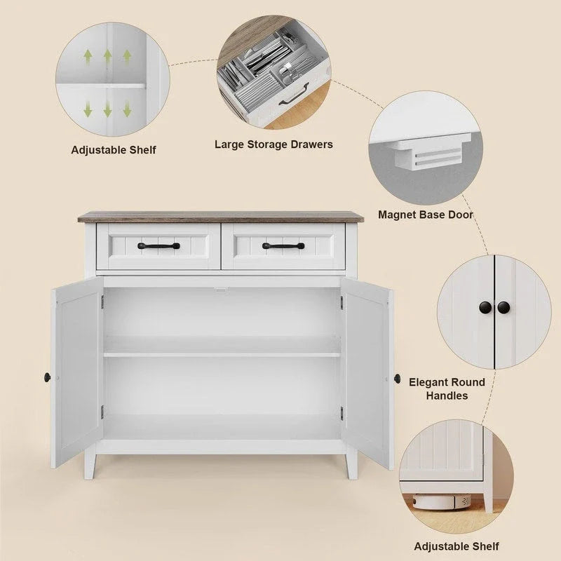 Kitchen Sideboard Buffet Storage Cabinet with 2 Drawers, Coffee Bar Cabinet ,Wood Entryway Cabinet with Double Door Cupboard 6