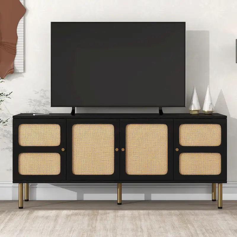 Boho Country Style Wood Rattan TV Stand Media Console Storage Cabinet - 16.90 x 64.90 x 28.30