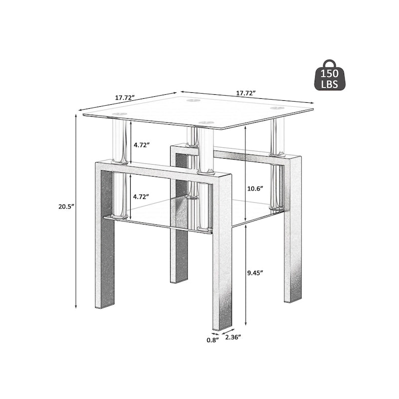 Square Tempered Glass Coffee End Table (Set Of 2) - 17.72 x 17.72 x 20.50 4
