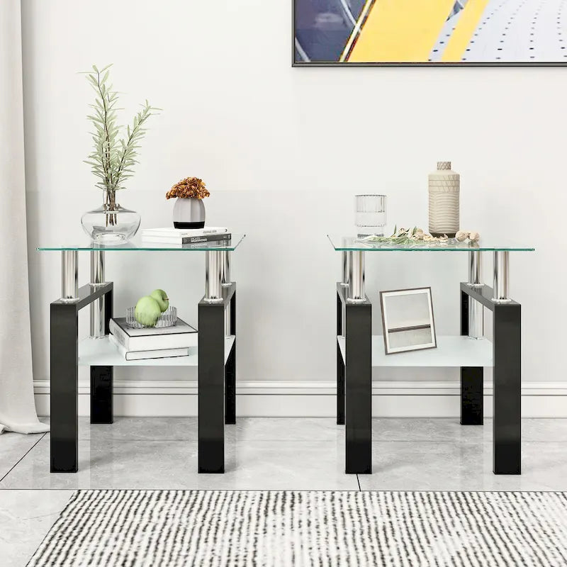 Square Tempered Glass Coffee End Table (Set Of 2) - 17.72 x 17.72 x 20.50 10