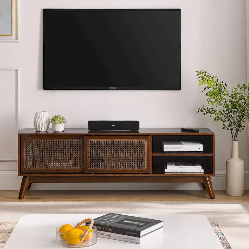 Walnut Color Wood TV Stand Mid-century Modern Rattan Sliding Doors - 15.75 x 59.00 x 19.63 10