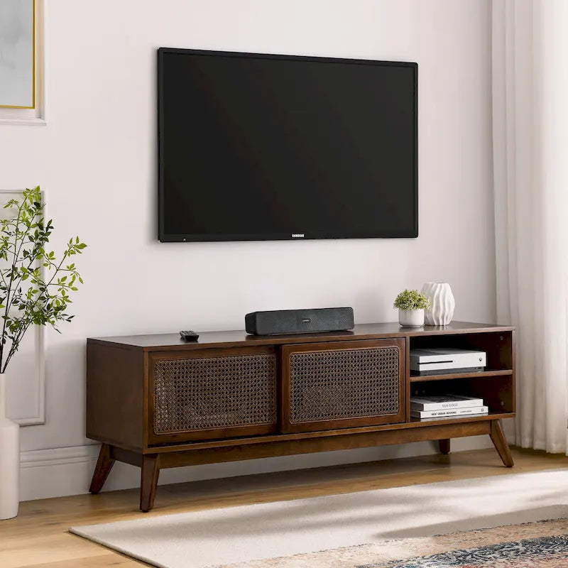 Walnut Color Wood TV Stand Mid-century Modern Rattan Sliding Doors - 15.75 x 59.00 x 19.63 3
