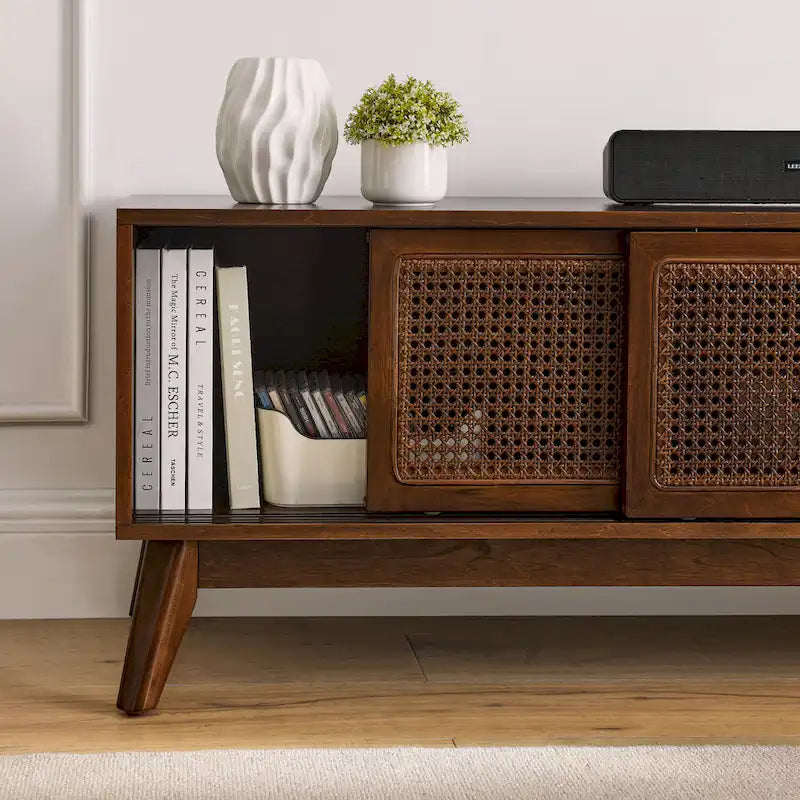 Walnut Color Wood TV Stand Mid-century Modern Rattan Sliding Doors - 15.75 x 59.00 x 19.63 4