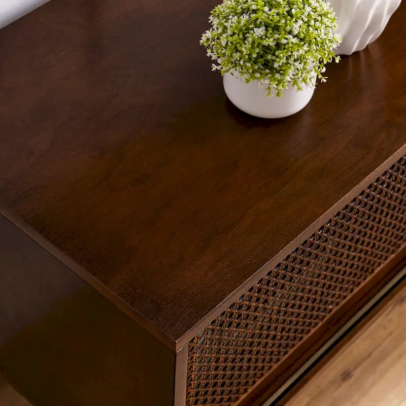 Walnut Color Wood TV Stand Mid-century Modern Rattan Sliding Doors - 15.75 x 59.00 x 19.63 6