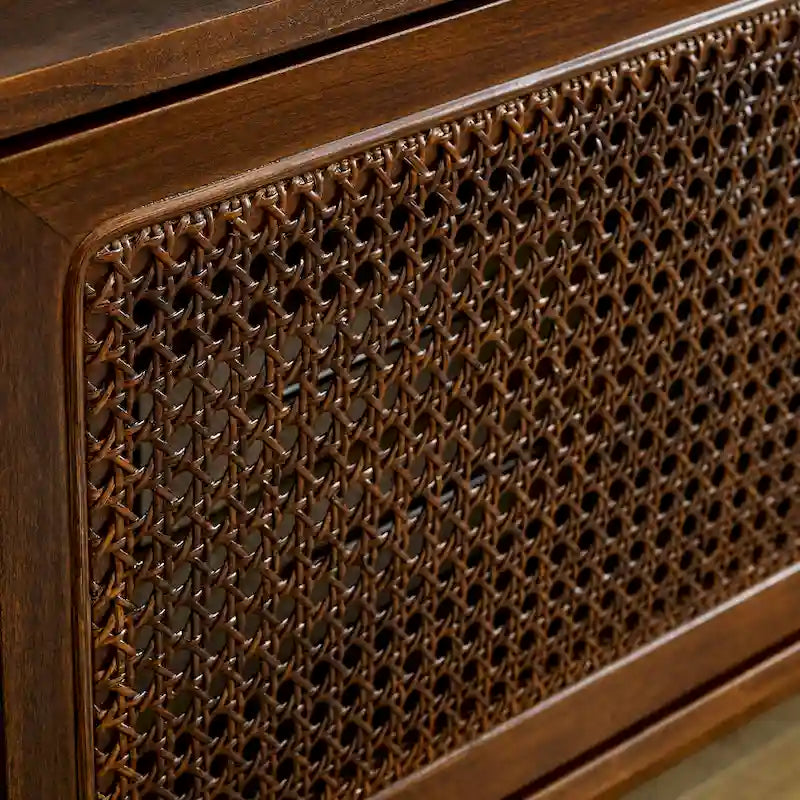 Walnut Color Wood TV Stand Mid-century Modern Rattan Sliding Doors - 15.75 x 59.00 x 19.63 7