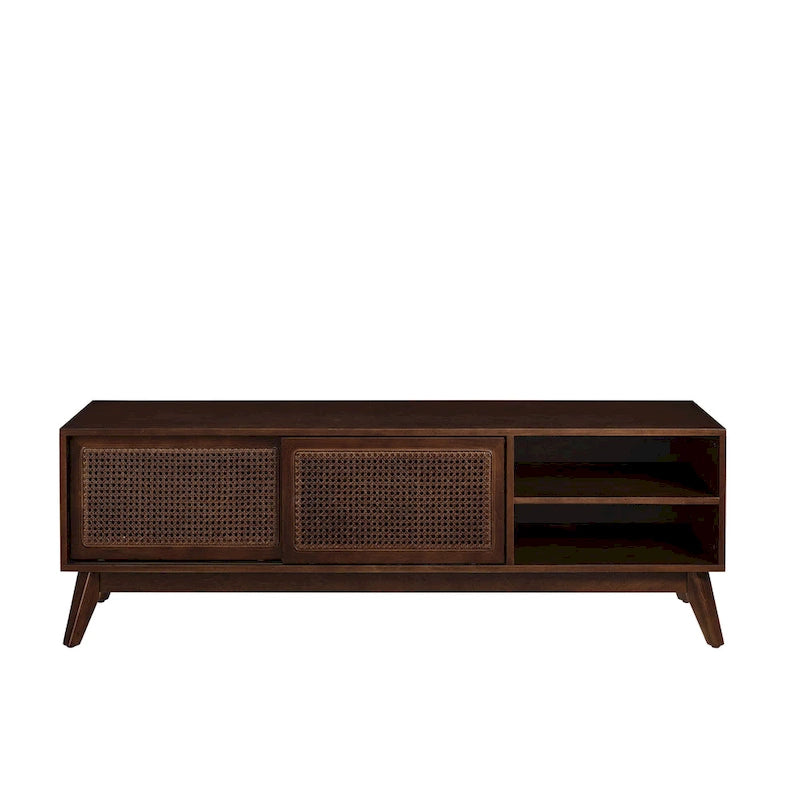 Walnut Color Wood TV Stand Mid-century Modern Rattan Sliding Doors - 15.75 x 59.00 x 19.63 9