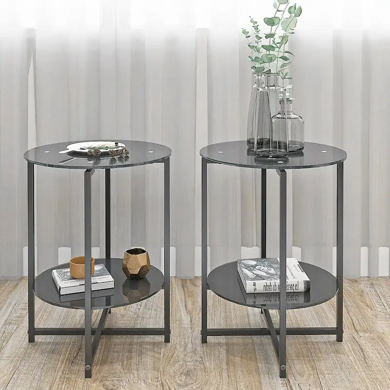 2-piece set (Black) Tempered Glass End Table, Round Coffee Table for Bedroom Living Room Office 2