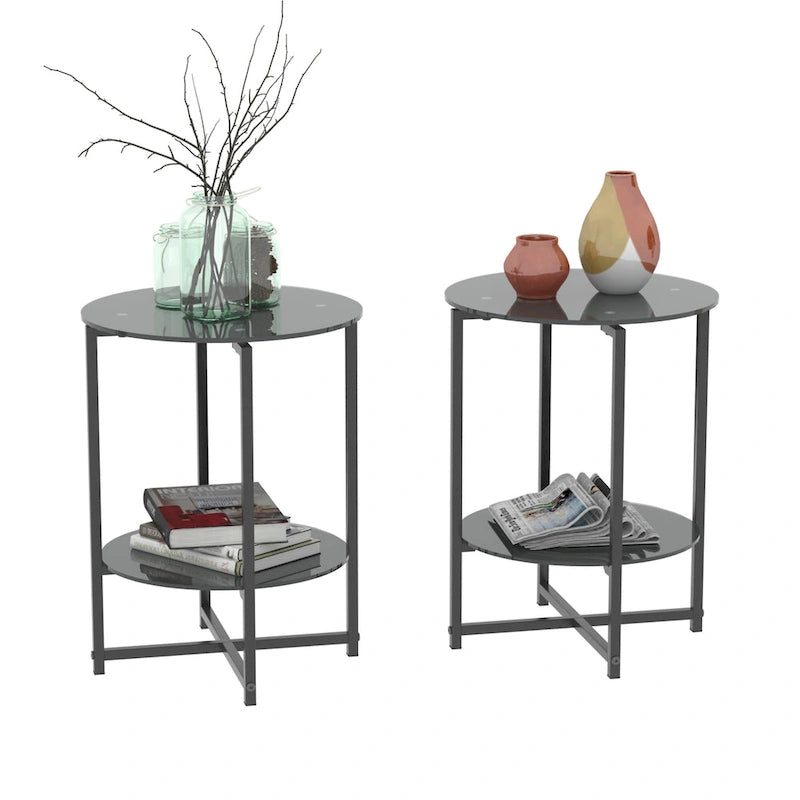 2-piece set (Black) Tempered Glass End Table, Round Coffee Table for Bedroom Living Room Office 3