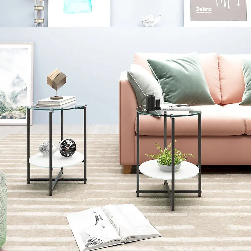 2-piece set (Black) Tempered Glass End Table, Round Coffee Table for Bedroom Living Room Office 7