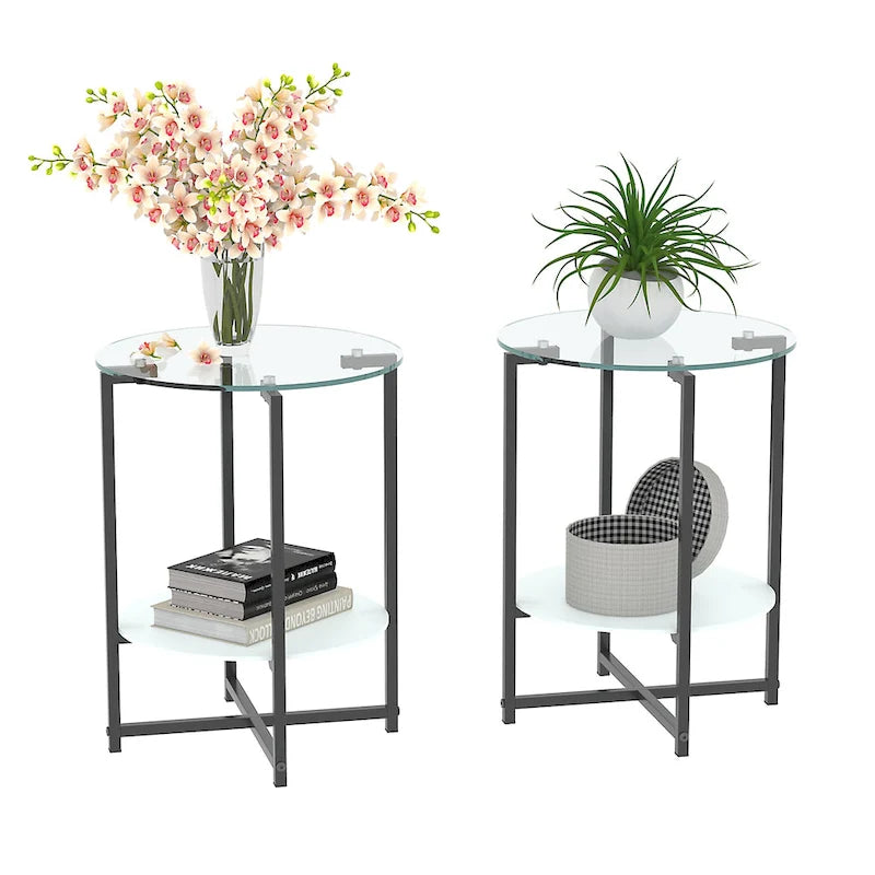 2-piece set (Black) Tempered Glass End Table, Round Coffee Table for Bedroom Living Room Office 8
