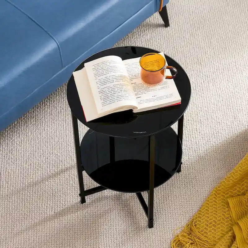 2-piece set (Black) Tempered Glass End Table, Round Coffee Table for Bedroom Living Room Office 12