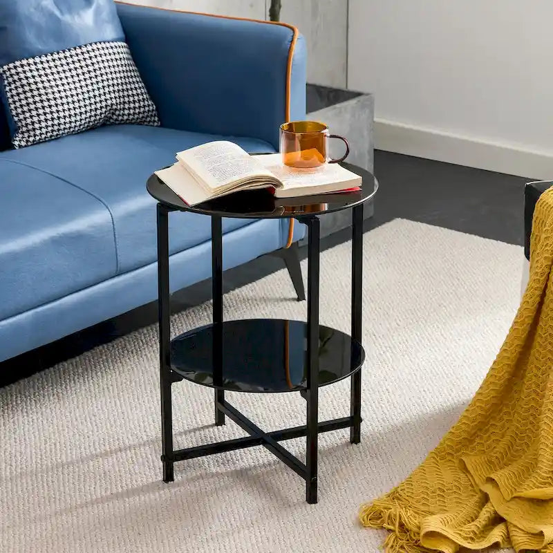 2-piece set (Black) Tempered Glass End Table, Round Coffee Table for Bedroom Living Room Office 13