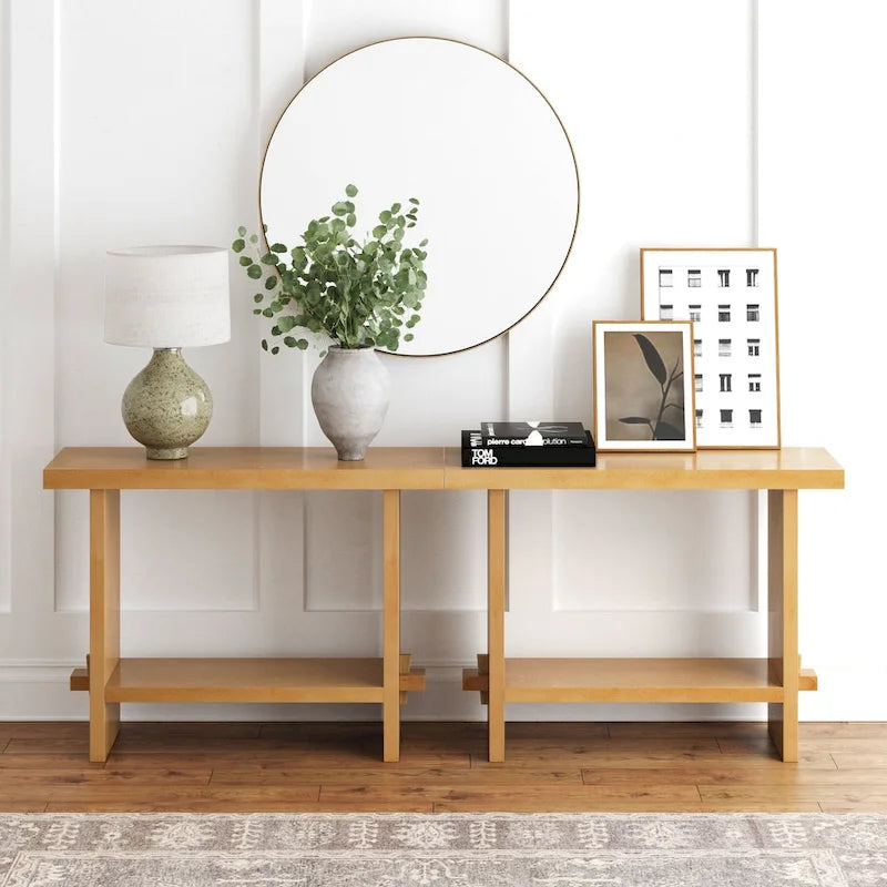 Nathan James Virgo Farmhouse 2-Tier Console Table in Wire-Brushed Wood Finish 35