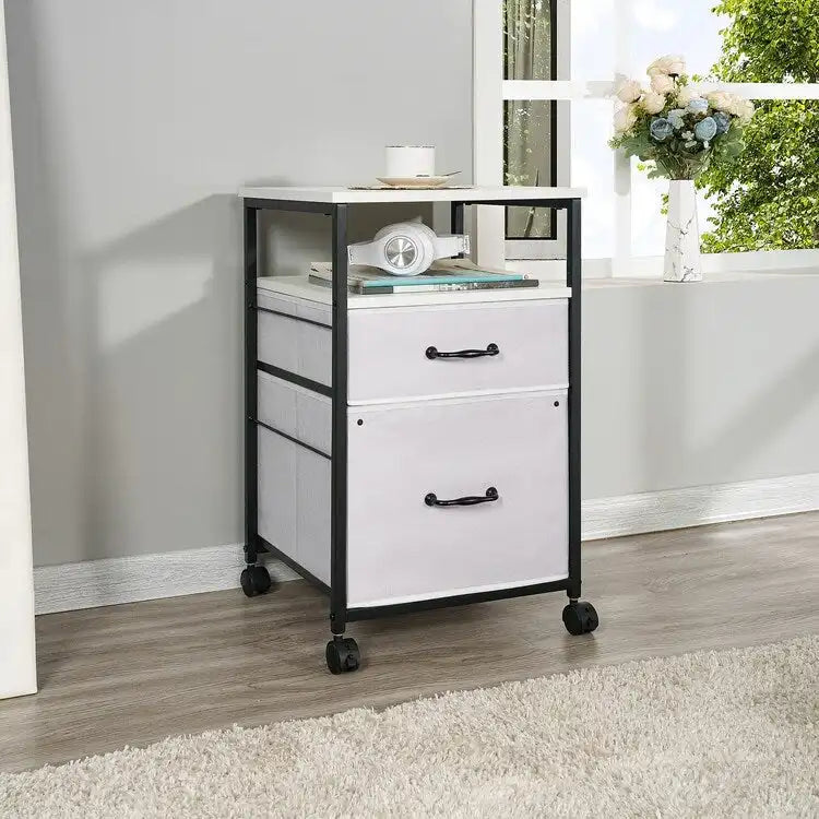 2 Drawer Mobile File Cabinet Rolling Printer Stand with Open Storage Shelf Fabric Vertical Filing Cabinet 34