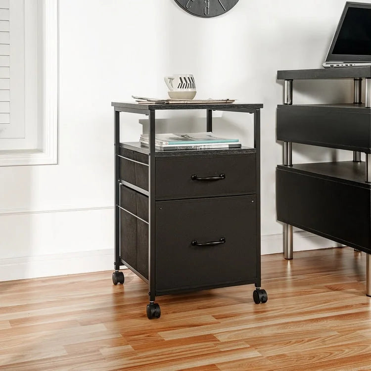 2 Drawer Mobile File Cabinet Rolling Printer Stand with Open Storage Shelf Fabric Vertical Filing Cabinet 35
