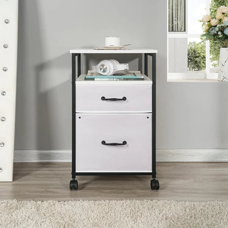 2 Drawer Mobile File Cabinet Rolling Printer Stand with Open Storage Shelf Fabric Vertical Filing Cabinet 23