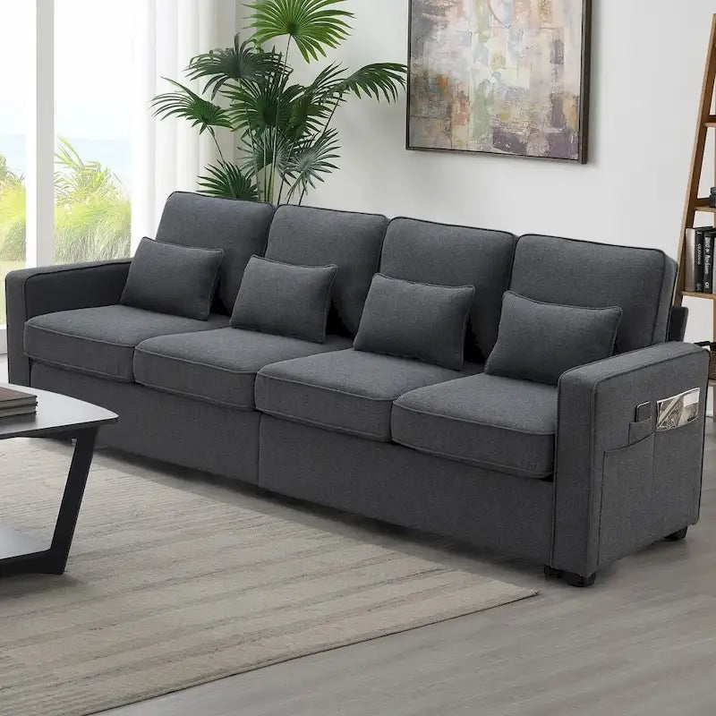 104 4-Seater Modern Linen Fabric Sofa with Armrest Pockets and 4 Pillows 17