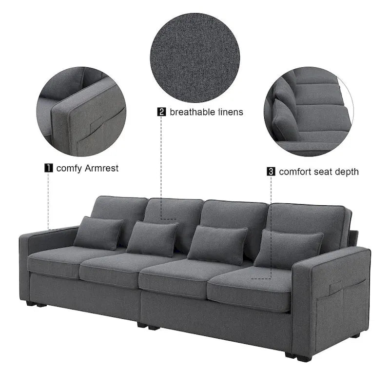104 4-Seater Modern Linen Fabric Sofa with Armrest Pockets and 4 Pillows