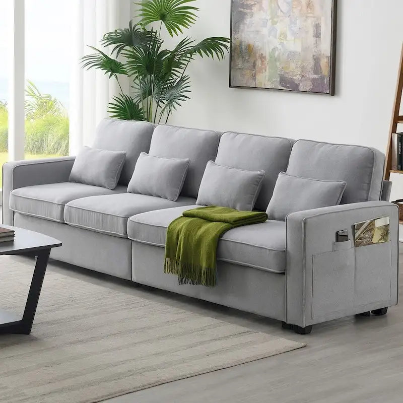 104 4-Seater Modern Linen Fabric Sofa with Armrest Pockets and 4 Pillows 6