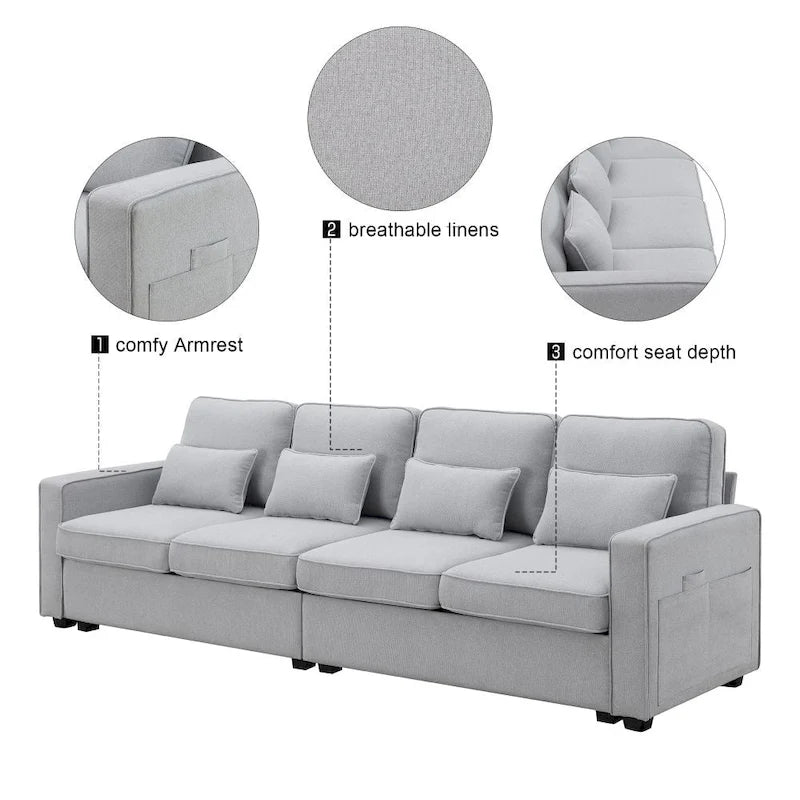 104 4-Seater Modern Linen Fabric Sofa with Armrest Pockets and 4 Pillows 7