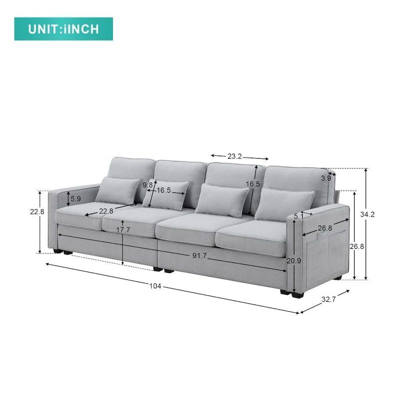 104 4-Seater Modern Linen Fabric Sofa with Armrest Pockets and 4 Pillows 8