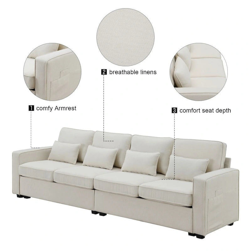 104 4-Seater Modern Linen Fabric Sofa with Armrest Pockets and 4 Pillows 14