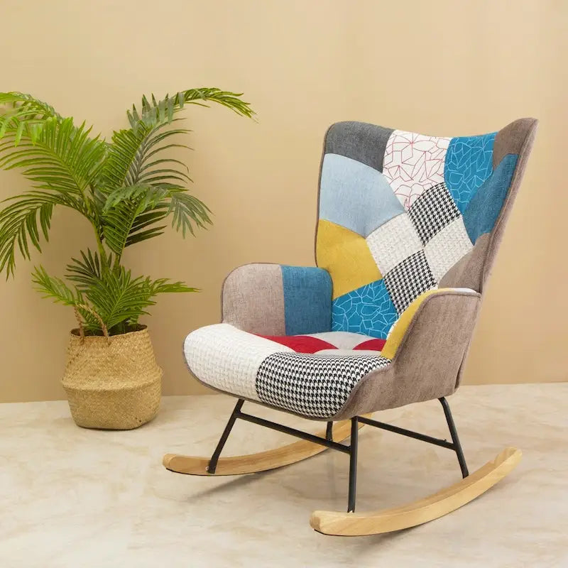 Mid Century Fabric Rocker Chair with Wood Legs and Patchwork Linen 28