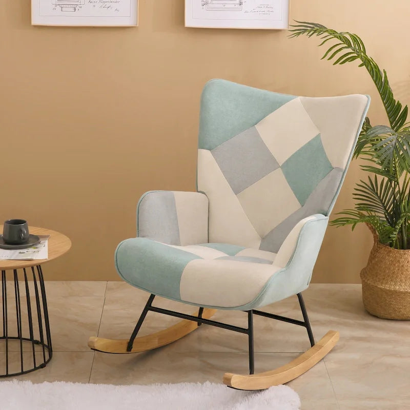 Mid Century Fabric Rocker Chair with Wood Legs and Patchwork Linen 29