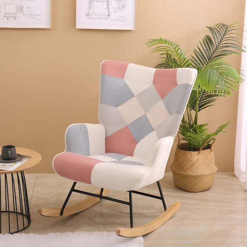 Mid Century Fabric Rocker Chair with Wood Legs and Patchwork Linen 3