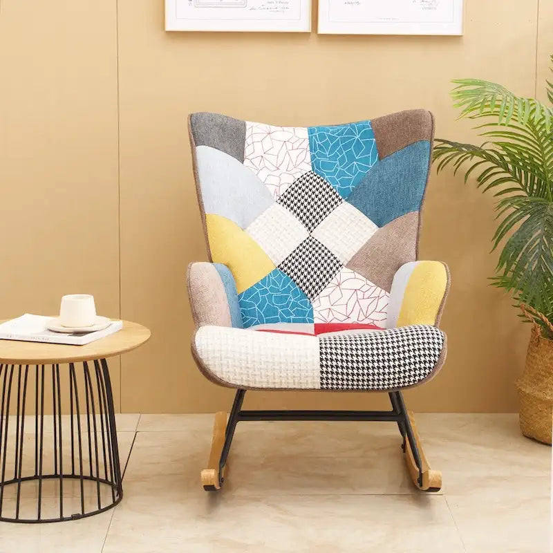 Mid Century Fabric Rocker Chair with Wood Legs and Patchwork Linen 4