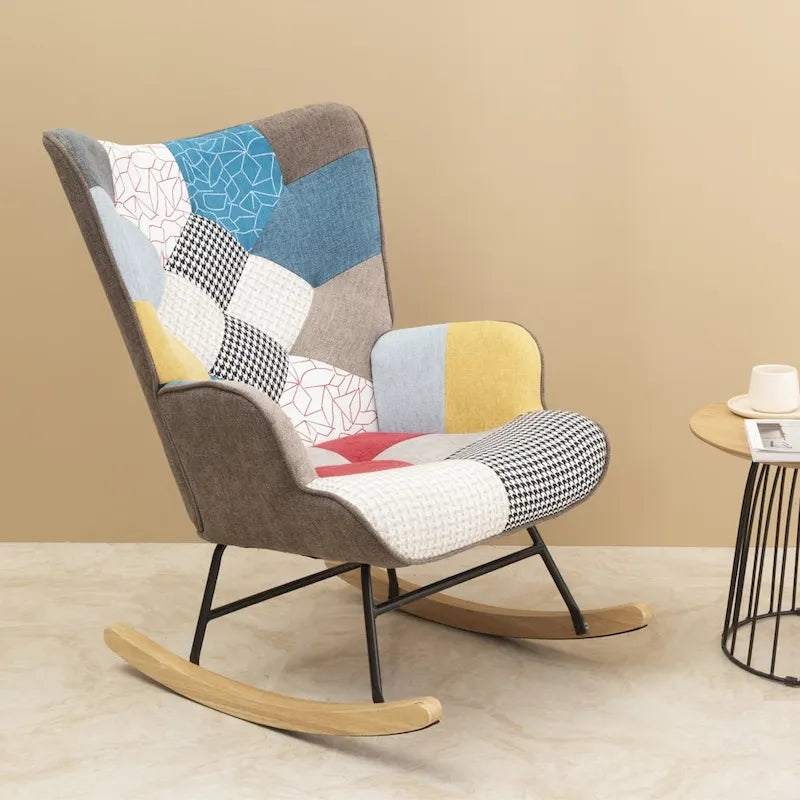 Mid Century Fabric Rocker Chair with Wood Legs and Patchwork Linen 5