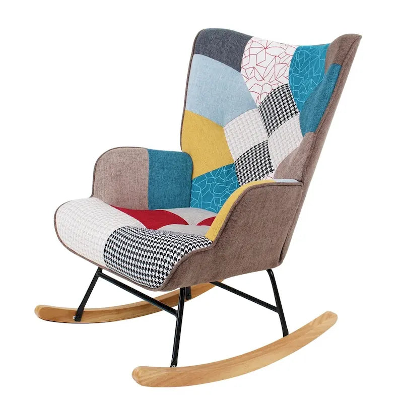 Mid Century Fabric Rocker Chair with Wood Legs and Patchwork Linen 6