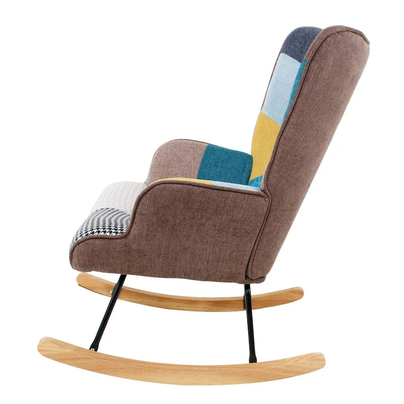 Mid Century Fabric Rocker Chair with Wood Legs and Patchwork Linen 7