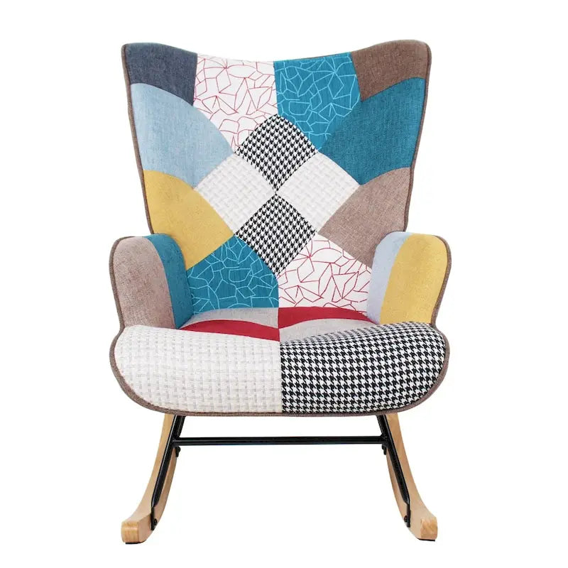 Mid Century Fabric Rocker Chair with Wood Legs and Patchwork Linen 8