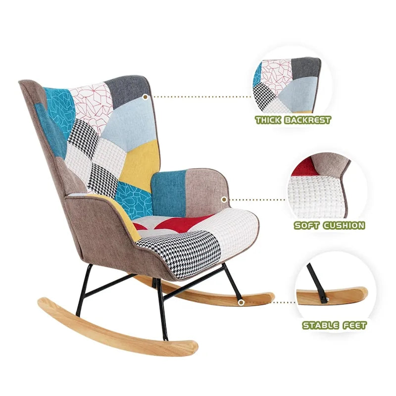 Mid Century Fabric Rocker Chair with Wood Legs and Patchwork Linen 9