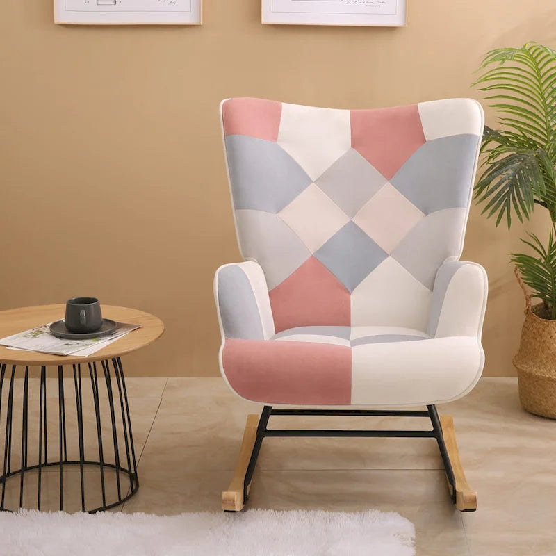 Mid Century Fabric Rocker Chair with Wood Legs and Patchwork Linen 12