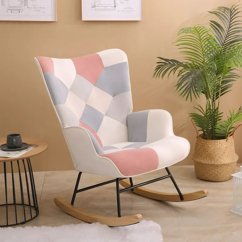Mid Century Fabric Rocker Chair with Wood Legs and Patchwork Linen 13