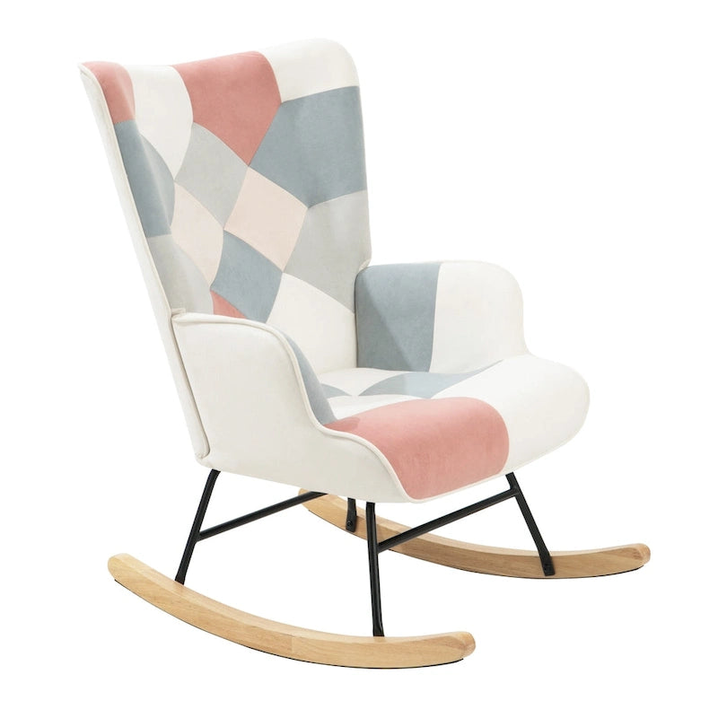 Mid Century Fabric Rocker Chair with Wood Legs and Patchwork Linen 14
