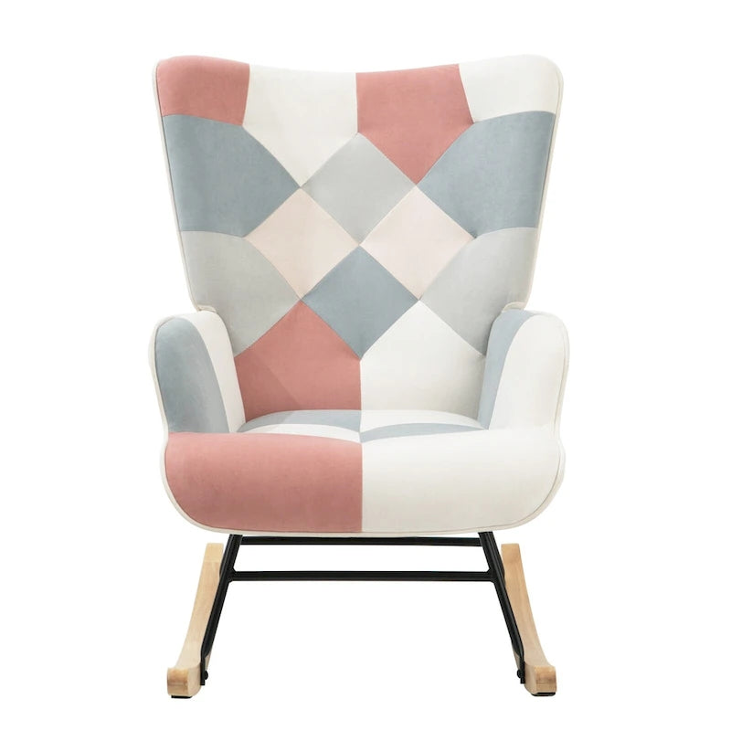 Mid Century Fabric Rocker Chair with Wood Legs and Patchwork Linen 15