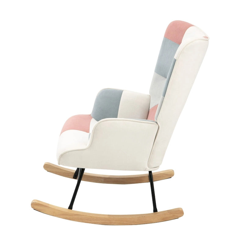 Mid Century Fabric Rocker Chair with Wood Legs and Patchwork Linen 16